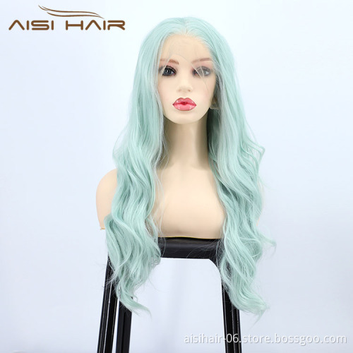Party Curly Long Wavy Green Lace Frontal Wholesale Cheap Vendor Cosplay Synthetic Hair For Black Women Lace Front Wig